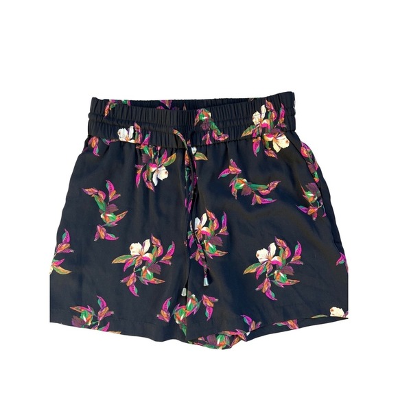 A New Day Floral Print Shorts Drawstring Waist Casual Summer Black‎ M - Picture 2 of 6
